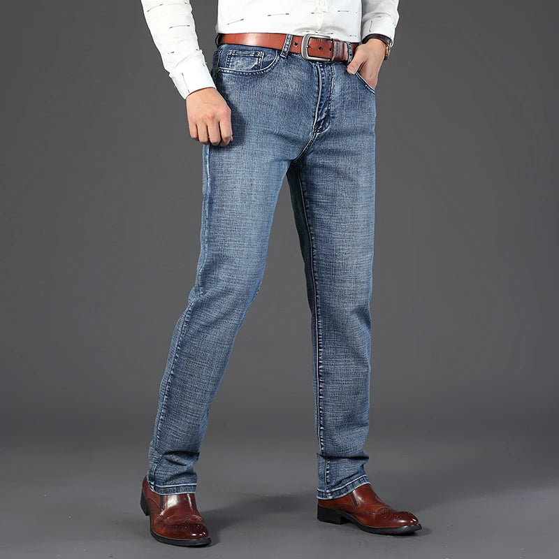 Business Men's Jeans Casual Straight Stretch Fashion Classic Blue Work Denim Trousers Male WTHINLEE Brand Clothing Size 28-40