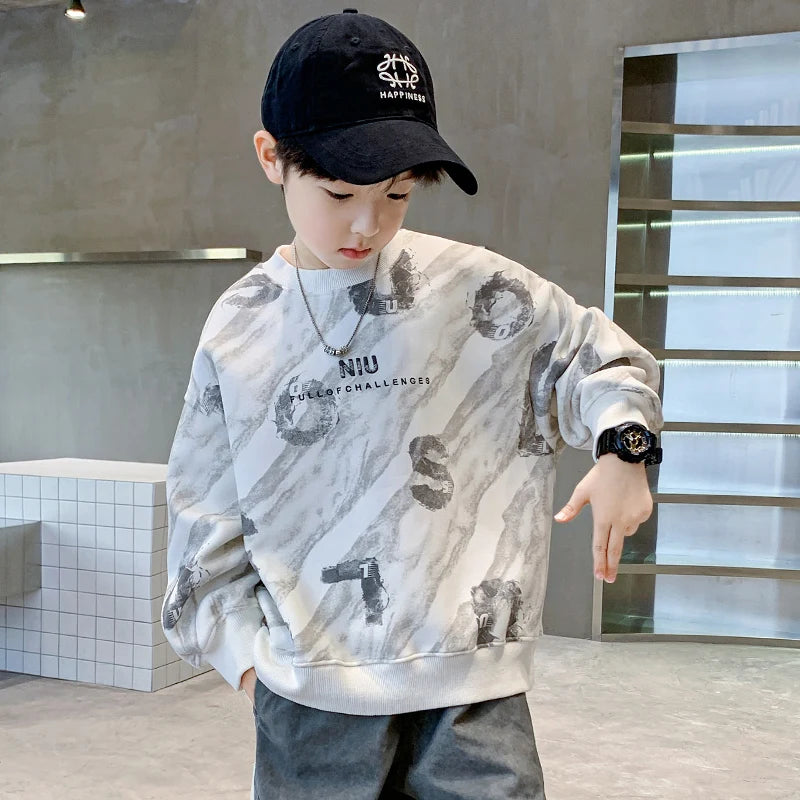 2024 Fashion Kids New In Sweatshirts For Boys Vintage Print Long Sleeve Tshirt For Teenagers Cool Autumn Tee Tops Sweatershirt