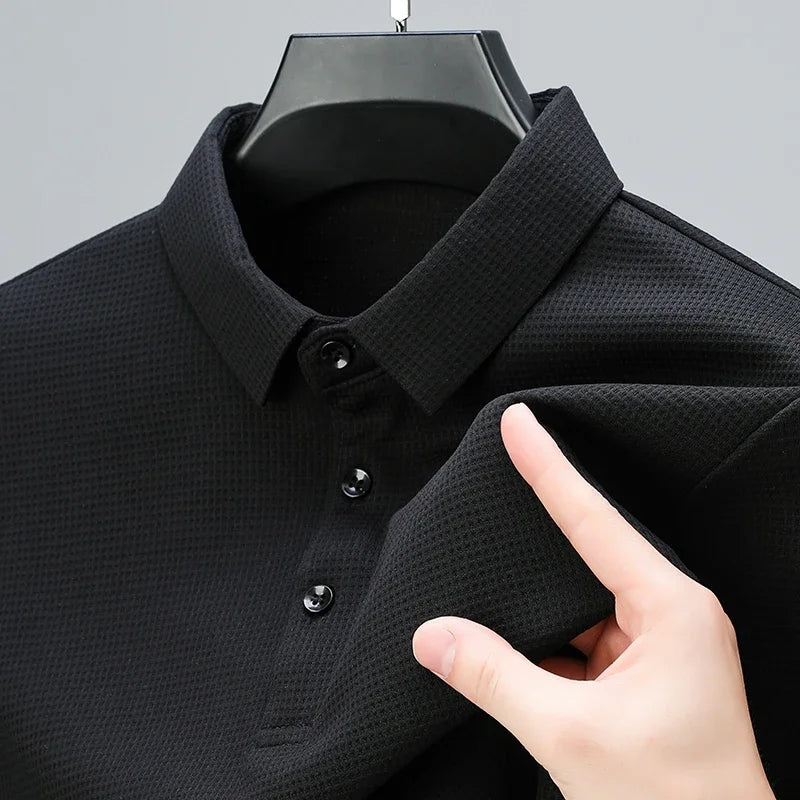 New Men's Business Fashion Casual Long Sleeved Shirt Solid Color Polo Shirt Fashionable Breathable Comfortable Versatile Top