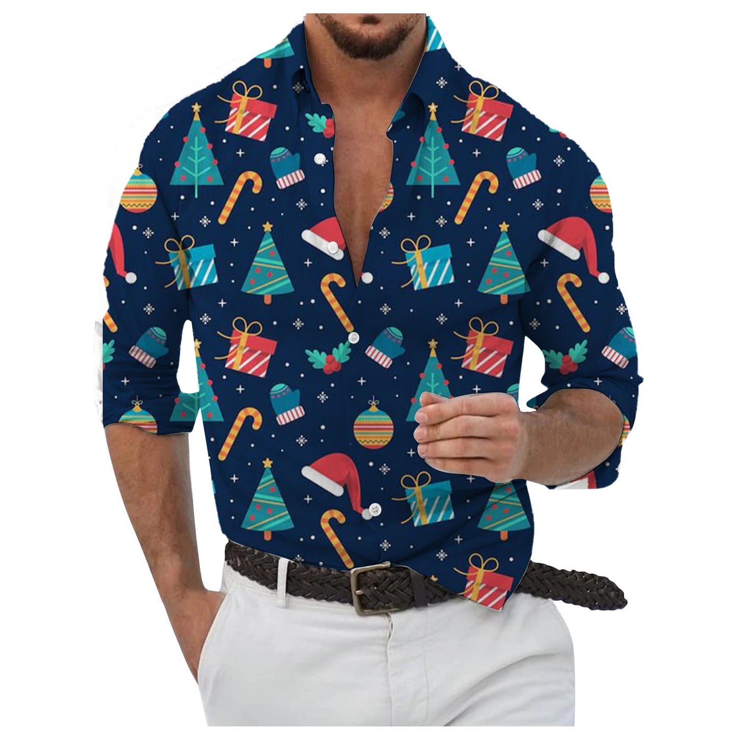 Christmas Style Men's Stylish Long Sleeve Shirt Breathable Red Tops Christmas Themed Pattern Full Sleeve Shirts Turn-Down Collar