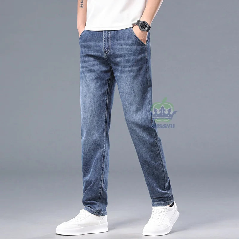 Luxury Spring Summer Cotton Classics Embroidery Men's Jeans Slim Denim Pants Blue Work Korea Skinny Trousers Male Plus Size 40