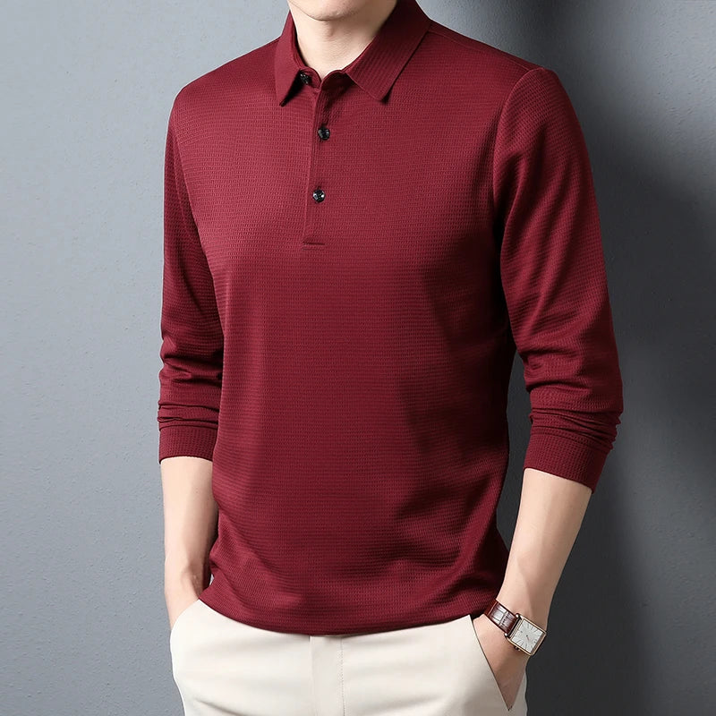 New Men's Business Fashion Casual Long Sleeved Shirt Solid Color Polo Shirt Fashionable Breathable Comfortable Versatile Top