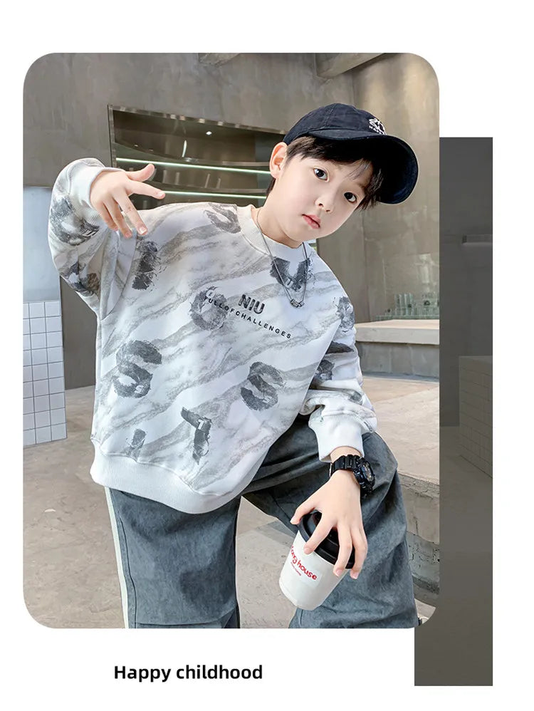 2024 Fashion Kids New In Sweatshirts For Boys Vintage Print Long Sleeve Tshirt For Teenagers Cool Autumn Tee Tops Sweatershirt