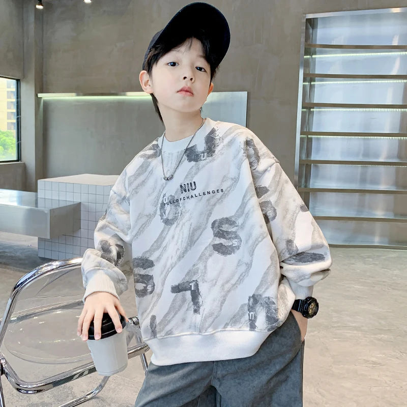 2024 Fashion Kids New In Sweatshirts For Boys Vintage Print Long Sleeve Tshirt For Teenagers Cool Autumn Tee Tops Sweatershirt
