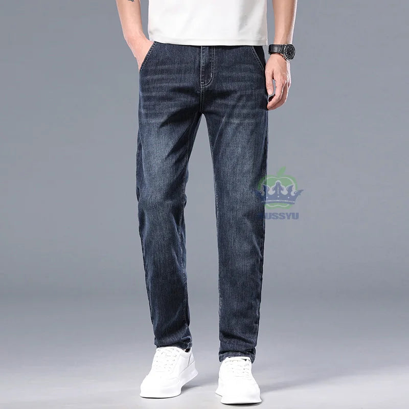 Luxury Spring Summer Cotton Classics Embroidery Men's Jeans Slim Denim Pants Blue Work Korea Skinny Trousers Male Plus Size 40
