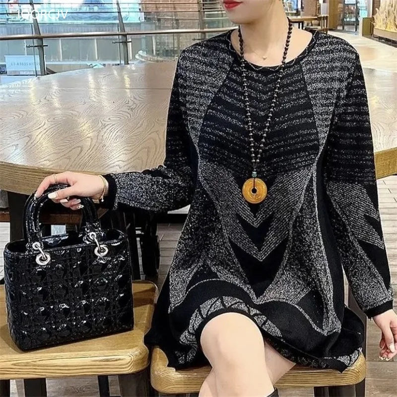 NEW Mid Length Pullover Sweater Women Autumn Winter Knit Jumper Middle Aged Mother O-Neck Loose Stretch Knitwear